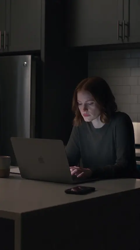 Real Pinnora output: video ad frame of a woman working on a laptop at night