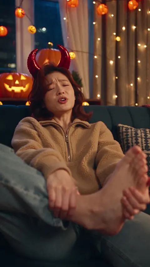 Real Pinnora output: story ad of a woman relaxing in a Halloween-lit room