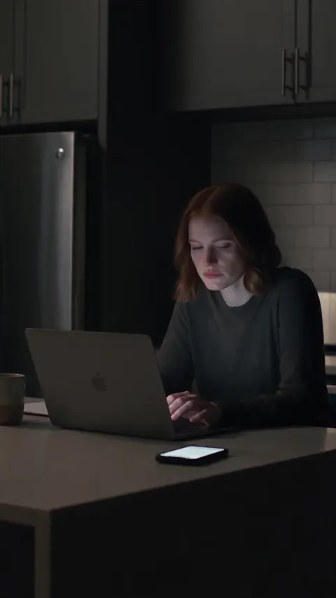 Real Pinnora output: video ad frame of a woman at a laptop, alternate take